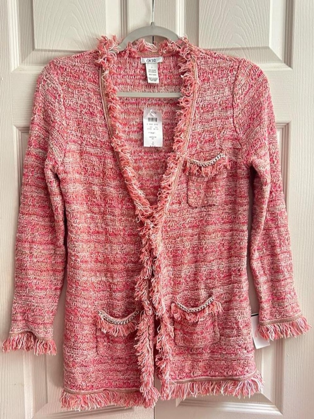Cache Pink Bouclé Fringe Open Cardigan